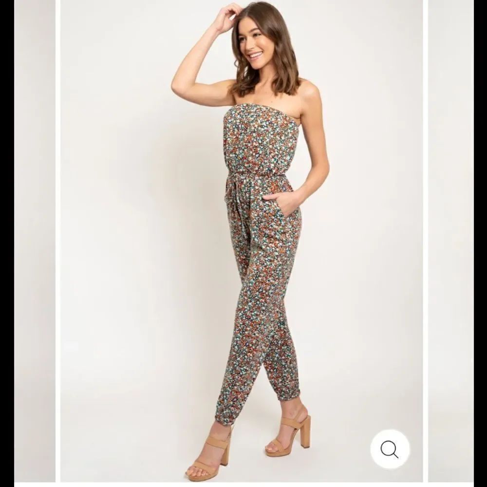Ditsy Floral Printed Strapless Jumpsuit Joggers